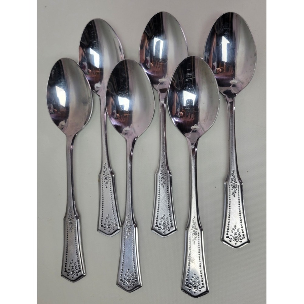 6 Vtg Rogers Stanley Roberts SRB113 Stainless Steel Table Dinner Spoons‎ 6 7/8"